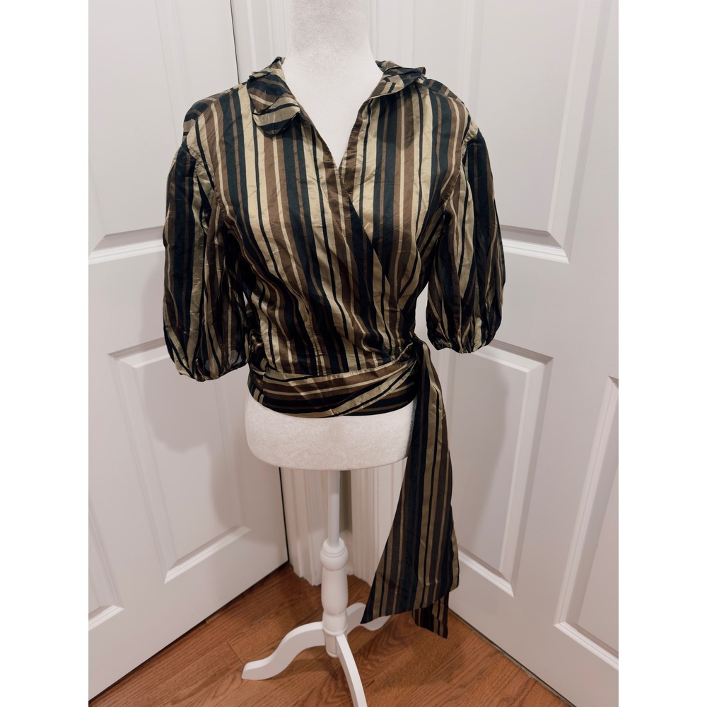 Adolfo Dominguez Costura Striped Wrap Top Puff Sleeve Bronze Gold Black Size 38